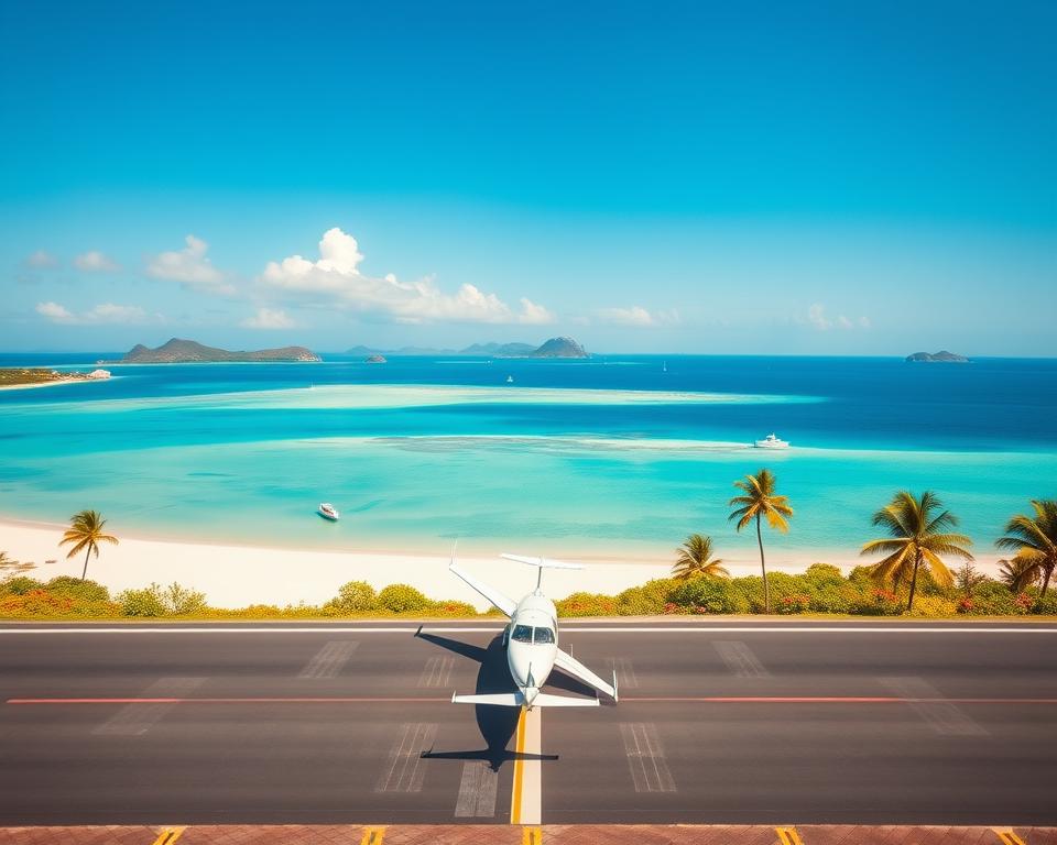 A breathtaking view of the Cocos Keeling Islands, showcasing the pristine turquoise waters and white sandy beaches under a bright blue sky. In the foreground, include a small, elegantly designed airplane on the runway, symbolizing travel, with a backdrop of lush green palm trees and vibrant tropical flowers. In the middle ground, capture a glimpse of the picturesque islands with coral reefs visible beneath the water's surface, and small boats gently bobbing in the calm sea. The background should display a few distant islands rising from the horizon, partially shrouded in light morning mist. The lighting is warm and inviting, evoking a sense of anticipation and adventure, while the overall atmosphere is serene and tropical, making it an ideal representation of a travel destination.