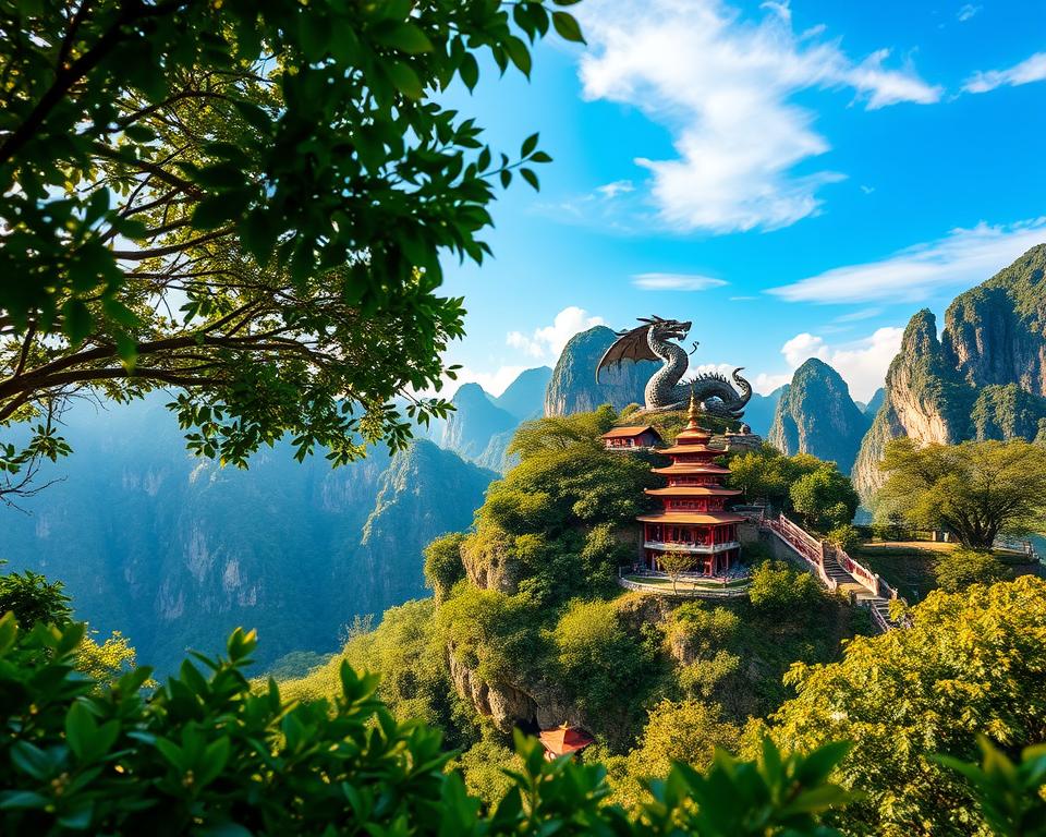 A breathtaking view of the Drachen Mua Caves in Vietnam, showcasing the iconic dragon statue perched on a hilltop. In the foreground, lush green vegetation enhances the natural beauty. The middle ground features serene pagodas nestled against the cliffs, with intricate architectural details and vibrant colors. In the background, limestone karsts rise majestically under a clear blue sky, reflecting the rich geological history of the region. Soft, golden sunlight filters through the trees, casting gentle shadows and creating a warm, inviting atmosphere. The angle captures the essence of the landscape, highlighting the cultural and natural fusion of Mua Caves, ideal for photography enthusiasts. The scene evokes a sense of adventure and tranquility, perfect for showcasing the highlights of this remarkable location.