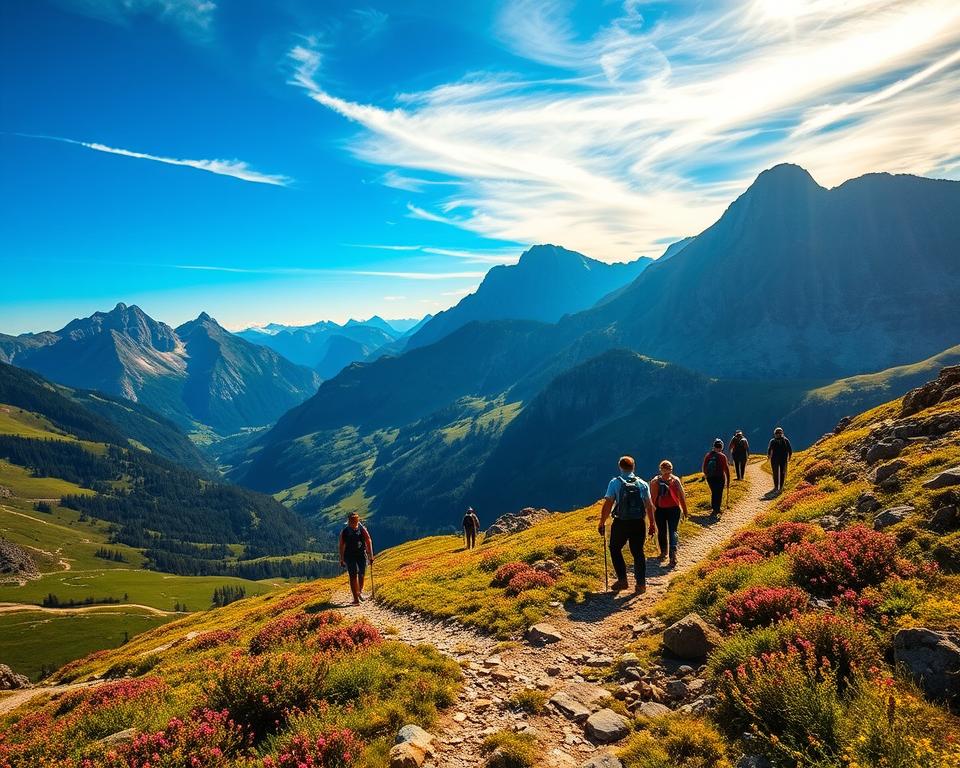 A breathtaking view of the Durmitor National Park in Montenegro, showcasing the majestic mountains and lush, green valleys. In the foreground, a winding hiking trail leads through vibrant wildflowers and rocky terrain, inviting adventure. The middle ground features a group of hikers in professional outdoor attire, navigating the trail with excitement and determination. The background reveals towering peaks bathed in warm, golden sunlight under a clear blue sky, with wispy clouds adding depth to the scene. Soft shadows stretch across the landscape, creating a sense of tranquility and exploration. The atmosphere is serene and inspiring, capturing the essence of hiking in this stunning natural paradise.