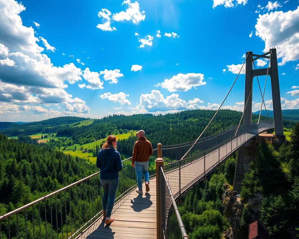 A breathtaking view of the Eifel Suspension Bridge, showcasing its impressive height and architectural elegance. In the foreground, a couple in modest casual clothing stands on the bridge, admiring the stunning landscape. The middle ground features the forested hills of the Eifel region, vibrant with lush greenery and patches of wildflowers. In the background, the sky is a brilliant blue with fluffy white clouds, enhancing the mood of adventure and serenity. The scene is illuminated by warm sunlight, casting soft shadows and creating a welcoming atmosphere. The angle captures the depth of the valley below, evoking a sense of wonder and excitement. This image encapsulates the essence of exploring the Eifel Suspension Bridge as a memorable highlight of any outing.