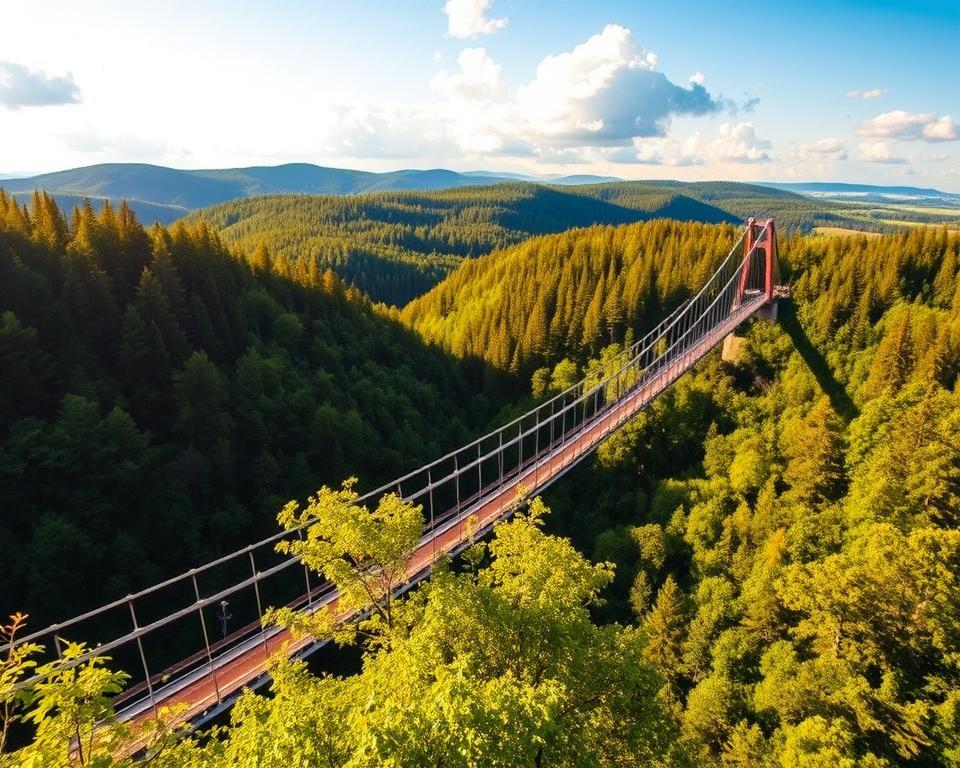 A breathtaking view of the Eifel suspension bridge, set against a backdrop of lush green forests and rolling hills. In the foreground, the bridge arches elegantly over a deep valley, showcasing its impressive design and sturdy construction. The middle ground features vibrant trees with sunlight filtering through their leaves, casting dappled shadows on the bridge. In the background, a picturesque sky with soft clouds hints at an adventurous atmosphere. The scene is bathed in warm, golden hour lighting, enhancing the serene yet exhilarating mood. Capture this scene from an elevated angle, emphasizing the height of the bridge and the stunning landscape below, inviting viewers to experience the thrill of adventure in this enchanting location.