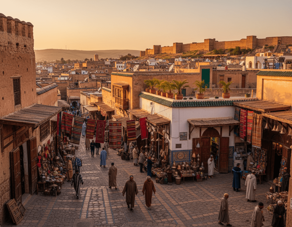 A breathtaking view of the Fes Medina, showcasing the intricate architecture of Fes el-Bali, a UNESCO World Heritage site in Morocco. In the foreground, vibrant blue and orange mosaic tiles frame a bustling narrow alley filled with local artisans and shopkeepers dressed in modest, traditional clothing. In the middle ground, traditional Moroccan buildings with ornate windows and beautiful arches line the alley, some adorned with hanging colorful textiles. The background features the stunning outline of ancient city walls and hills, silhouetted against a golden sunset sky, casting a warm, inviting glow. Capture the lively yet serene atmosphere, with soft lighting that highlights the details of the architecture. Use a wide-angle lens to emphasize the depth and character of the winding streets, creating an engaging and inviting scene.