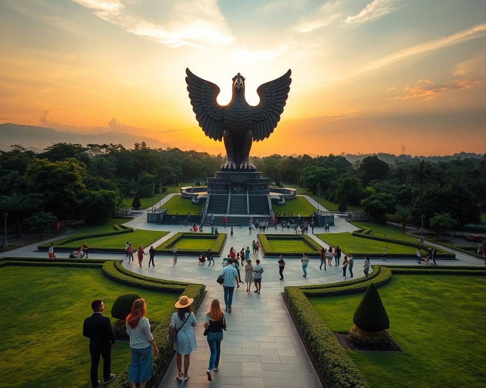 A breathtaking view of the Garuda Wisnu Kencana Cultural Park, highlighting the majestic Garuda Wisnu Kencana statue in the foreground, towering over lush green landscapes. The middle ground features well-maintained pathways and visitors admiring the artwork, dressed in modest casual attire, creating a lively atmosphere. In the background, the sky is painted with warm hues of sunset, casting a golden glow that enhances the statue's intricate details. Incorporate soft, natural lighting to evoke a serene mood, and use a wide-angle lens perspective to capture the grandeur of the site. The overall composition emphasizes the beauty and cultural significance of this iconic landmark, showcasing perfect photo spots for visitors. A breathtaking view of the Garuda Wisnu Kencana Cultural Park, highlighting the majestic Garuda Wisnu Kencana statue in the foreground, towering over lush green landscapes. The middle ground features well-maintained pathways and visitors admiring the artwork, dressed in modest casual attire, creating a lively atmosphere. In the background, the sky is painted with warm hues of sunset, casting a golden glow that enhances the statue's intricate details. Incorporate soft, natural lighting to evoke a serene mood, and use a wide-angle lens perspective to capture the grandeur of the site. The overall composition emphasizes the beauty and cultural significance of this iconic landmark, showcasing perfect photo spots for visitors.