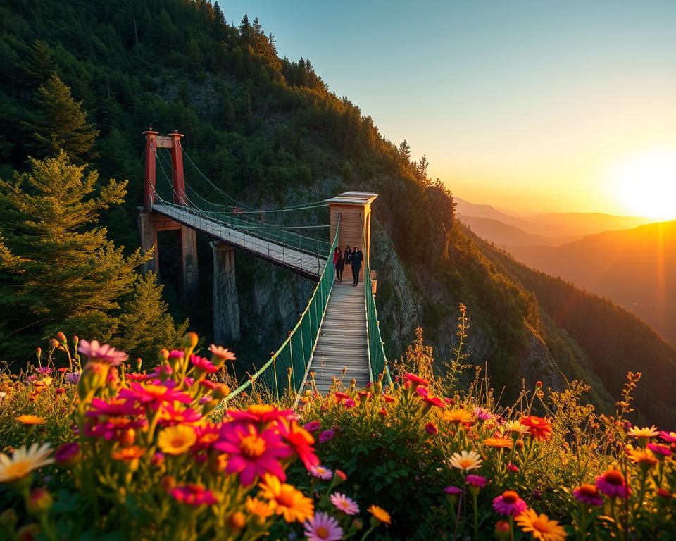 A breathtaking view of the Geierlay Suspension Bridge, nestled in lush green forests during the golden hour of sunset. The foreground features colorful wildflowers, creating a vibrant contrast with the wooden bridge, which stretches gracefully over a deep valley below. In the middle ground, the bridge is bustling with a few visitors dressed in casual outdoor clothing, experiencing the thrill of the walk. The background showcases rolling hills and distant mountains illuminated by the warm, soft light of the setting sun, enhancing the serene atmosphere. The lens captures a slightly elevated angle, emphasizing the height of the bridge while showcasing the stunning scenery. This image evokes a sense of adventure and tranquility, inviting viewers to plan their visit to this magnificent location.