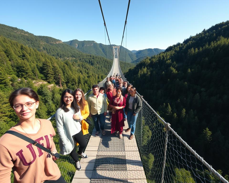 A breathtaking view of the Geierlay Suspension Bridge, set in a lush green landscape under a clear blue sky. In the foreground, depict a group of diverse individuals dressed in modest casual clothing, confidently crossing the bridge while adhering to safety protocols. Their expressions reflect excitement and awareness, highlighting the adventure and thrill of being on the bridge. In the middle ground, the sturdy cables and wooden planks of the suspension bridge stretch across a deep valley, emphasizing its height and engineering marvel. The background features dense forests and rolling hills, creating a serene atmosphere. The lighting is warm and inviting, capturing the bright afternoon sun. Use a wide-angle lens to enhance the depth and perspective, immersing viewers in the experience of this unique safety-focused adventure.