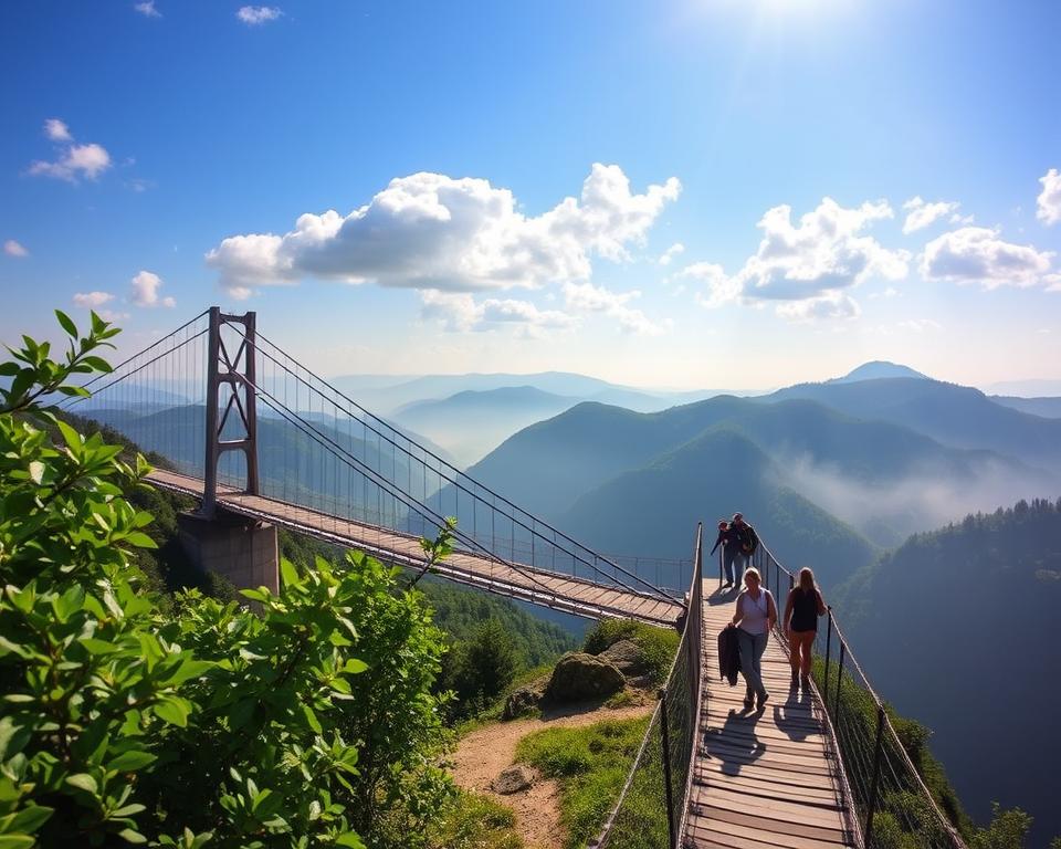 A breathtaking view of the Geierlay suspension bridge nestled in the Hunsrück Mountains, showcasing its striking cables and wooden walkway. In the foreground, lush green foliage frames the scene, with a winding trail leading towards the bridge, hinting at the hiking experience. The middle ground captures the bridge stretching gracefully above a deep valley, with hikers in professional outdoor attire, pausing to take in the stunning views. The background reveals rolling, misty hills under a vibrant blue sky dotted with fluffy white clouds, illuminated by soft, natural sunlight. Emphasize the adventure and tranquility of nature, conveying a sense of exploration and awe in this beautiful landscape.