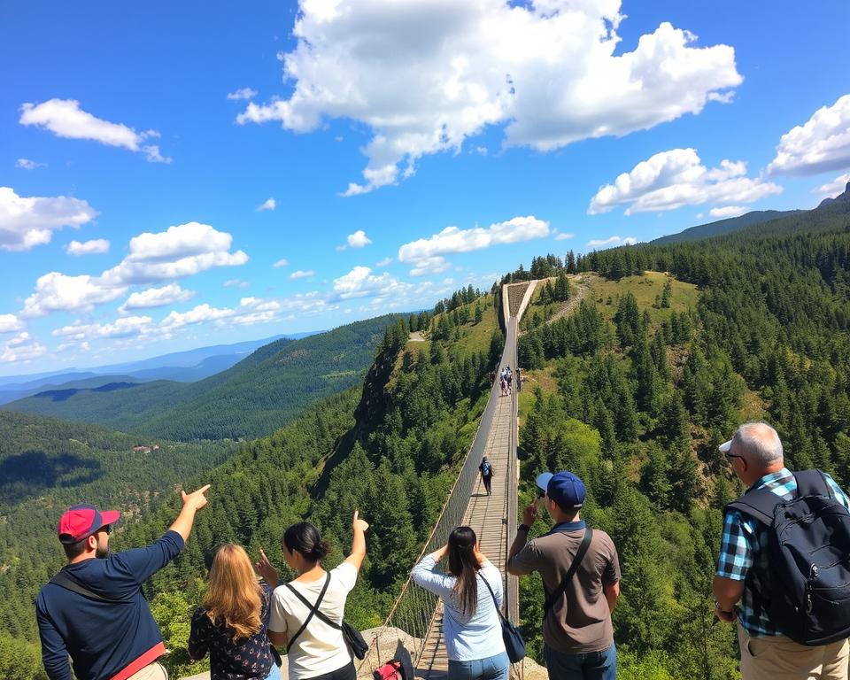 A breathtaking view of the Geierlay suspension bridge, showcasing its impressive design and the surrounding lush landscape. In the foreground, a small group of visitors in modest casual clothing captures the moment, pointing towards the bridge. The middle ground features the bridge itself, elegantly arched high above a dense forest, with a glimpse of hikers traversing it. In the background, rolling hills extend into the horizon under a clear blue sky with scattered fluffy white clouds. The scene is bathed in warm, golden sunlight, casting soft shadows and highlighting the vibrant greens of the trees. The mood is adventurous and inviting, capturing the thrill of exploring this magnificent viewpoint. The composition is framed at a slight angle to enhance the bridge's grandeur and the scenery.