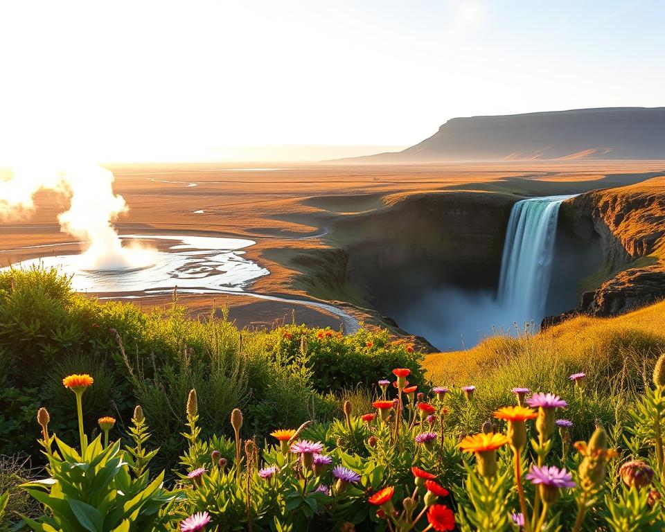 A breathtaking view of the Golden Circle in Iceland, showcasing its stunning natural wonders. In the foreground, lush green vegetation and vibrant wildflowers represent sustainable travel. The middle ground features the iconic Geysir geothermal area, with steam rising from the earth's surface, and the majestic Gullfoss waterfall cascading down rocky cliffs. In the background, the striking silhouette of the Þingvellir National Park's rift valley under a soft, golden sunset casts a warm glow over the scene. The atmosphere is serene and harmonious, capturing the essence of eco-friendly exploration. The image is brightly lit with soft, natural sunlight, shot from a slightly elevated perspective to capture the vastness of this ecological marvel, creating a sense of awe and tranquility.