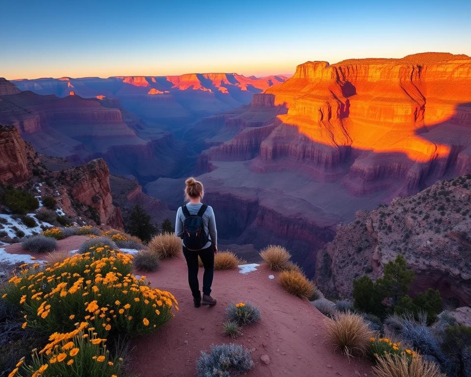 A breathtaking view of the Grand Canyon during the ideal visiting season, showcasing a vibrant sunrise illuminating the canyon walls with warm hues of orange and pink. In the foreground, a peaceful hiking trail lined with wildflowers, inviting visitors to explore. In the middle ground, a pair of hikers in modest casual clothing taking in the panorama, enhancing the sense of scale and adventure. The background features dramatic cliffs and rock formations, under a clear blue sky. The image is bathed in soft morning light, emphasizing the textures of the canyon and creating a serene and inviting atmosphere. The composition captures the majesty and beauty of the Grand Canyon, highlighting it as a perfect destination at its best travel time.
