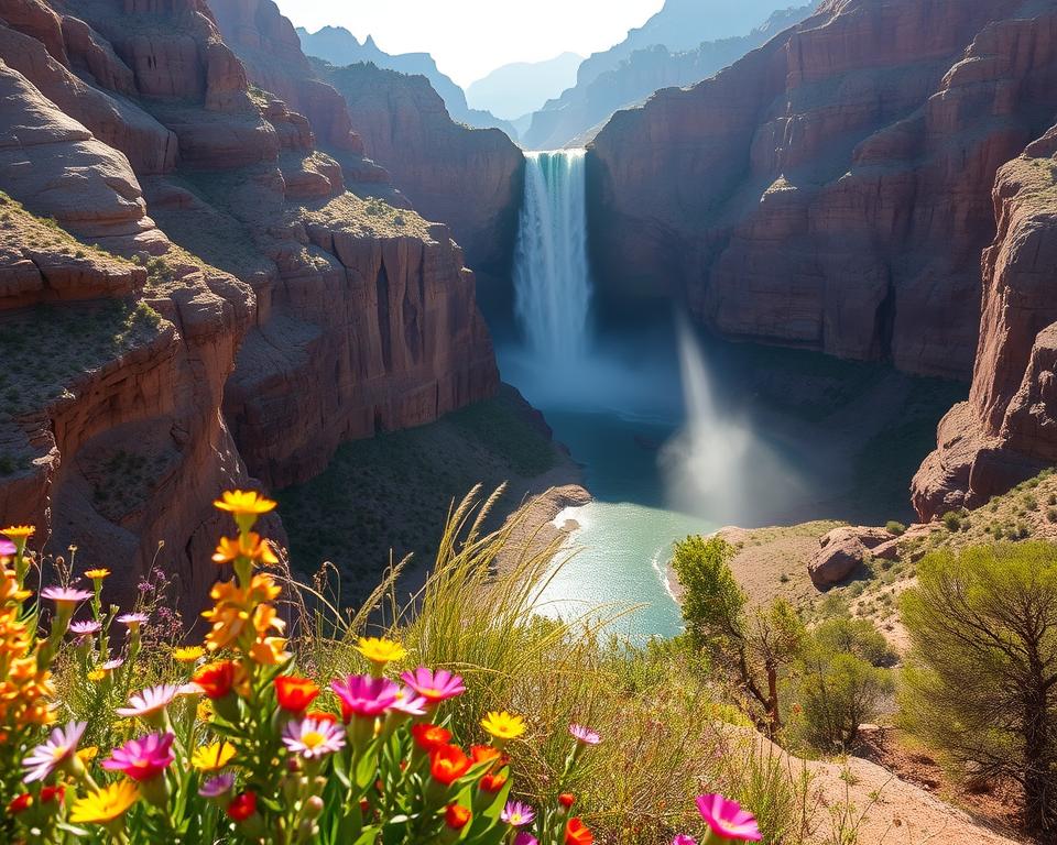 A breathtaking view of the Grand Canyon, showcasing a stunning waterfall cascading over rugged cliffs into a serene pool below. In the foreground, vibrant wildflowers and lush greenery thrive, representing good environmental practices. The middle ground features the majestic waterfall glistening under the sun, while light mist creates a soft, ethereal atmosphere. The background highlights the rugged canyon walls, layered with rich reds and browns, and dotted with sparse vegetation. The image captures early morning light, casting long shadows and enhancing the textures of the rocks. The composition conveys a sense of tranquility and awe, emphasizing the need for sustainable travel to protect this natural wonder. Ensure the scene is devoid of any human presence to focus entirely on nature's beauty. A breathtaking view of the Grand Canyon, showcasing a stunning waterfall cascading over rugged cliffs into a serene pool below. In the foreground, vibrant wildflowers and lush greenery thrive, representing good environmental practices. The middle ground features the majestic waterfall glistening under the sun, while light mist creates a soft, ethereal atmosphere. The background highlights the rugged canyon walls, layered with rich reds and browns, and dotted with sparse vegetation. The image captures early morning light, casting long shadows and enhancing the textures of the rocks. The composition conveys a sense of tranquility and awe, emphasizing the need for sustainable travel to protect this natural wonder. Ensure the scene is devoid of any human presence to focus entirely on nature's beauty.