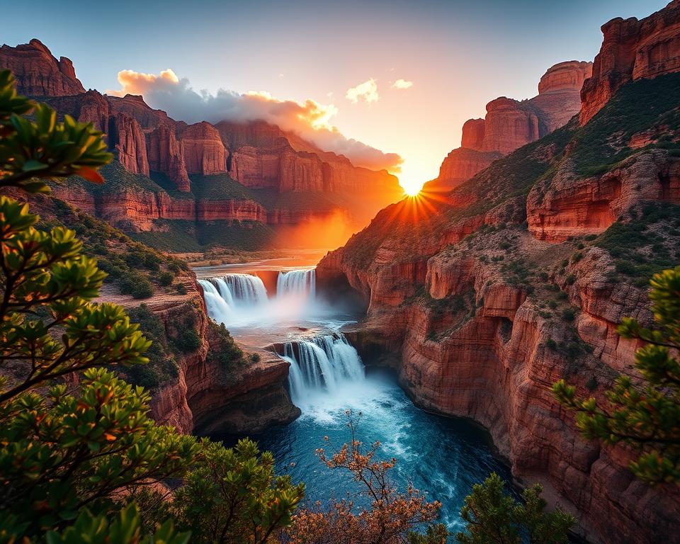A breathtaking view of the Grand Canyon waterfalls during the golden hour, showcasing the vibrant colors of sunset reflecting on the cascading water. In the foreground, lush green vegetation frames the sparkling water as it tumbles over rocky cliffs into a clear pool below. The middle layer captures the dynamic movement of the waterfalls, with mist rising and catching the warm light. In the background, the iconic canyon walls tower majestically, their intricate textures illuminated by the sun. Soft clouds hover in the sky, adding depth and a touch of serenity. The atmosphere is tranquil and awe-inspiring, evoking a sense of adventure and natural beauty. Use a wide-angle lens to accentuate the expansive landscape, focusing on rich details and vibrant colors. A breathtaking view of the Grand Canyon waterfalls during the golden hour, showcasing the vibrant colors of sunset reflecting on the cascading water. In the foreground, lush green vegetation frames the sparkling water as it tumbles over rocky cliffs into a clear pool below. The middle layer captures the dynamic movement of the waterfalls, with mist rising and catching the warm light. In the background, the iconic canyon walls tower majestically, their intricate textures illuminated by the sun. Soft clouds hover in the sky, adding depth and a touch of serenity. The atmosphere is tranquil and awe-inspiring, evoking a sense of adventure and natural beauty. Use a wide-angle lens to accentuate the expansive landscape, focusing on rich details and vibrant colors.