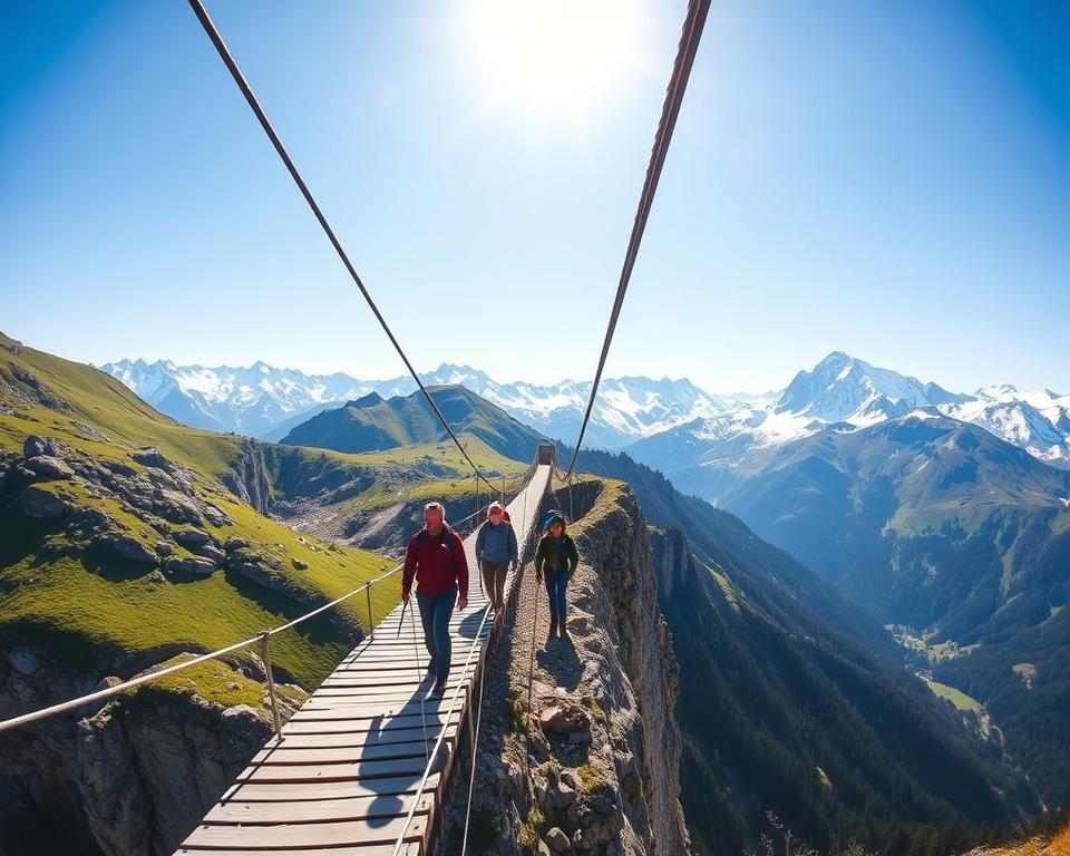 A breathtaking view of the Hängebrücke at Olpererhütte, situated high in the Tyrolean Alps. In the foreground, the suspension bridge stretches gracefully across a rugged ravine, its cables taut against a backdrop of lush green mountains. The bridge features wooden planks and highlights the adventurous spirit of hikers. In the middle ground, hikers in modest casual clothing are captured mid-stride, admiring the scenery around them, creating a sense of movement and exploration. In the background, majestic snowy peaks loom under a clear blue sky, with soft sunlight illuminating the scene, casting gentle shadows. Aim for a wide-angle perspective that emphasizes the scale of the landscape, evoking a sense of awe and tranquility.