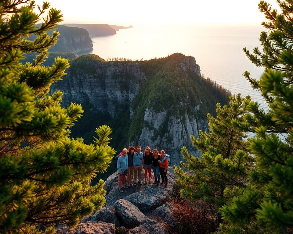 A breathtaking view of the Höga Kusten in Sweden, capturing the dramatic cliffs and serene waters at sunset. In the foreground, vibrant green trees frame a rocky outcrop, while a small group of hikers in modest casual clothing gather to take photos, their joyful expressions reflecting the beauty around them. The middle ground showcases the rugged cliffs towering over the coastal landscape, with lush foliage cascading down their sides. In the background, the tranquil sea stretches into the horizon, kissed by the warm hues of the setting sun, creating a golden glow that dances on the water. The scene is infused with a sense of adventure and tranquility, sharply focused with a wide-angle lens to emphasize the vastness of the landscape, under soft, diffused lighting to enhance the natural beauty.