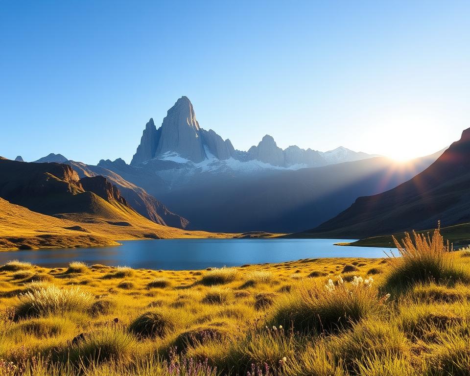 A breathtaking view of the Kosten Torres del Paine, highlighting the iconic granite peaks rising dramatically against a clear blue sky. In the foreground, a serene lake reflects the stunning landscape, surrounded by vibrant green grass and wildflowers gently swaying in a soft breeze. In the middle ground, rugged cliffs and patches of lenga and coihue trees add depth and character to the scenery. The background features the towering peaks, partially illuminated by the warm light of the early morning sun, casting long shadows across the terrain. The overall mood is tranquil and awe-inspiring, evoking a sense of adventure and natural beauty. The image is captured with a wide-angle lens to emphasize the grandeur of the landscape, enhanced by soft, golden hour lighting.