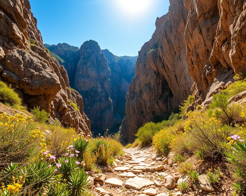 A breathtaking view of the Kourtaliotiko Gorge in Crete during the best travel season, showcasing vibrant spring greenery and dramatic cliffs. In the foreground, a rocky path leads into the gorge, bordered by wildflowers and lush vegetation. The middle ground features the narrow gorge walls, towering high above, with sunlight filtering through, casting dappled shadows on the trail below. In the background, a clear blue sky contrasts with the rugged terrain, enhancing the feeling of serenity. The scene is bathed in warm, golden hour lighting, creating a tranquil and inviting mood. The angle captures the smooth curves of the gorge, emphasizing its majestic scale and beauty. The image should evoke a sense of adventure and wonder, perfect for travelers exploring this natural wonder.
