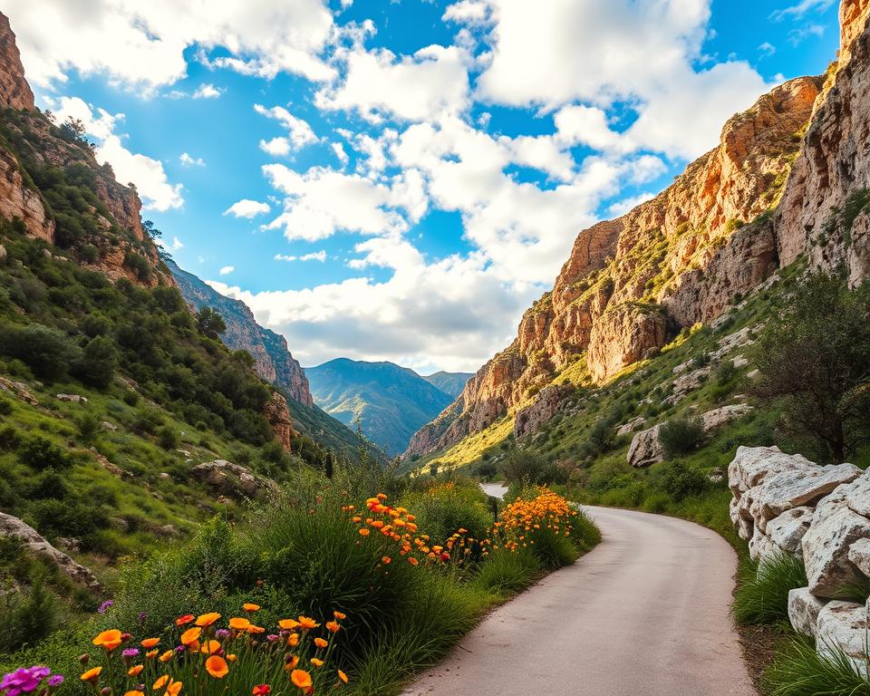 A breathtaking view of the Kourtaliotiko Gorge in Crete, showcasing its barrier-free accessibility. In the foreground, a smooth pathway winds through lush greenery, flanked by vibrant wildflowers and rugged rocks. The middle ground features the dramatic cliffs of the gorge, rising steeply on either side, adorned with patches of olive trees and shrubs. In the background, the sky is a brilliant blue, filled with soft, white clouds that softly illuminate the scene. The lighting is warm and inviting, suggesting a late afternoon sun. The atmosphere is serene and welcoming, perfect for those seeking adventure and nature. Capture this idyllic landscape using a wide-angle lens to emphasize the grandeur of the gorge, while maintaining a focus on the pathway, encouraging exploration in a natural setting.