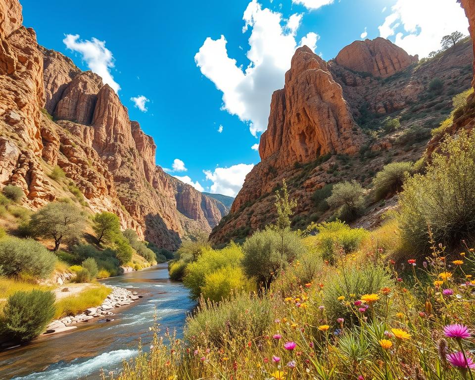 A breathtaking view of the Kourtaliotiko Gorge in Crete, showcasing its dramatic cliffs and lush greenery. In the foreground, a winding river flows gently through the gorge, reflecting the sunlight. Vibrant wildflowers and native plants line the riverbanks, emphasizing the region's natural beauty. The middle ground features towering, rugged rock formations, with olive trees and shrubs clinging to their steep slopes. In the background, the sky is a brilliant blue, dotted with soft white clouds, casting dynamic shadows on the gorge walls. The scene is illuminated by warm, golden sunlight, creating a serene and respectful atmosphere that invites exploration. Wide-angle perspective captures the grandeur of the landscape, showcasing the importance of environmental preservation.