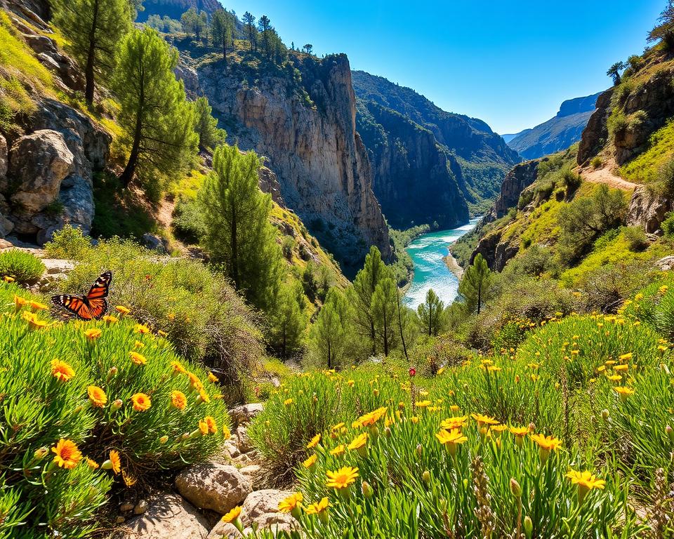 A breathtaking view of the Kourtaliotiko Gorge in Crete, showcasing its rich flora and fauna. In the foreground, vibrant green shrubs and wildflowers bloom along the rocky paths, with butterflies fluttering nearby. The middle ground features towering limestone cliffs adorned with patches of pine trees and herbs, creating a lush habitat. In the background, the gorge opens up, revealing a winding river reflecting the bright blue sky, with sunlight filtering through the leaves. The atmosphere should feel serene and tranquil, evoking a sense of exploration and beauty in nature. Use warm, natural lighting to enhance the vivid colors, shot from a slightly elevated angle to capture the depth and vastness of the gorge.