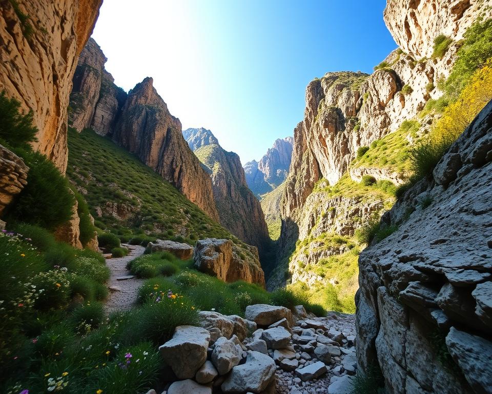 A breathtaking view of the Kourtaliotiko Gorge in Crete, showcasing its rugged cliffs and lush greenery. In the foreground, a narrow rocky path winds through the gorge, highlighting potential slippery spots for hikers. The middle ground features steep, jagged rock formations flanking the gorge, with patches of vibrant wildflowers peeking through the crevices. In the background, the bright blue sky contrasts with the imposing cliffs, allowing soft, natural light to illuminate the scene. The atmosphere is serene yet slightly tense, indicative of both the beauty and the inherent risks of exploring the gorge's terrain. The angle captures a sense of depth, inviting viewers to appreciate the majesty and caution needed in this magnificent landscape, ensuring the image is vivid and engaging without any text or distractions.