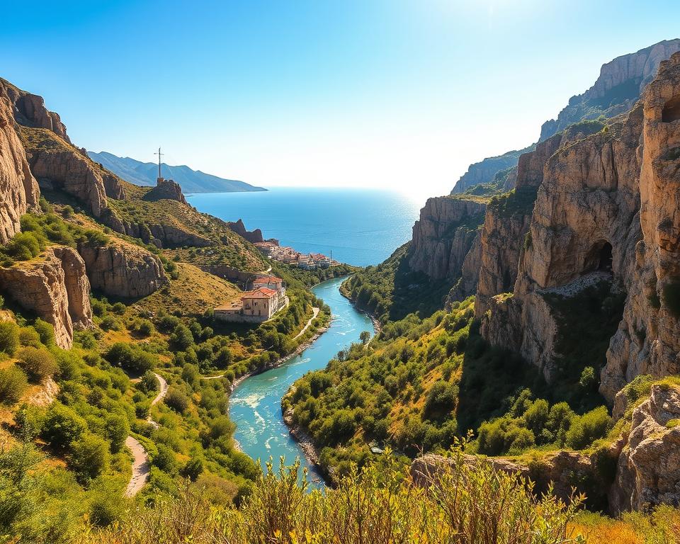 A breathtaking view of the Kourtaliotiko Gorge in Crete, showcasing its towering cliffs and vibrant greenery in the foreground. Include a winding river reflecting the sunlight as it flows through the gorge, surrounded by lush vegetation. In the middle ground, depict a small traditional Cretan village nestled against the hillside, with whitewashed buildings and terracotta roofs. In the background, show the distant silhouette of the sea to enhance the natural beauty, framed by rugged mountains under a clear blue sky bathed in golden afternoon light. The atmosphere is tranquil and inviting, illustrating the juxtaposition of the gorge's dramatic landscape and the serene coastal charm of Crete. Use a wide-angle lens to capture the majesty of the scene, with warm tones conveying an uplifting mood.