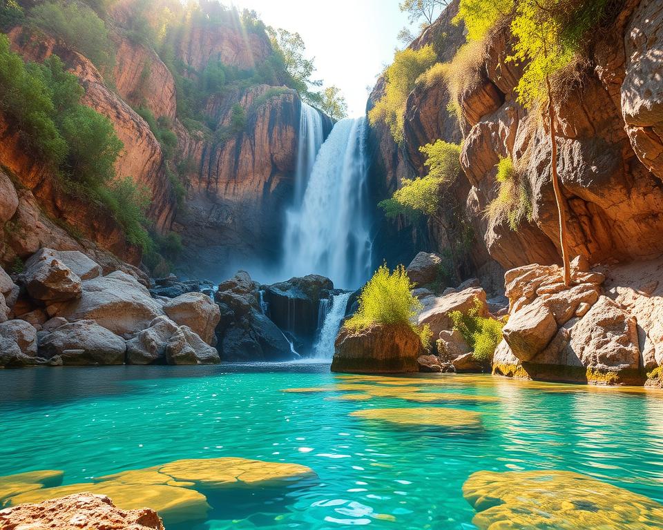 A breathtaking view of the Kourtaliotiko Wasserfall in Crete, cascading gracefully down rugged cliffs lined with lush greenery. The foreground features clear turquoise waters reflecting the sun, inviting visitors to experience its refreshing embrace. In the middle ground, the majestic waterfall plunges from rocky heights, surrounded by vibrant flora and natural stone formations. The background showcases the dramatic cliffs of the Kourtaliotiko Gorge, bathed in warm, golden sunlight during the late afternoon. The atmosphere is serene and tranquil, with dappled light filtering through the trees, creating an enchanting ambiance. Capture the scene with a wide-angle lens to emphasize the grandeur of nature, enhancing the beauty and allure of this hidden gem in Crete.