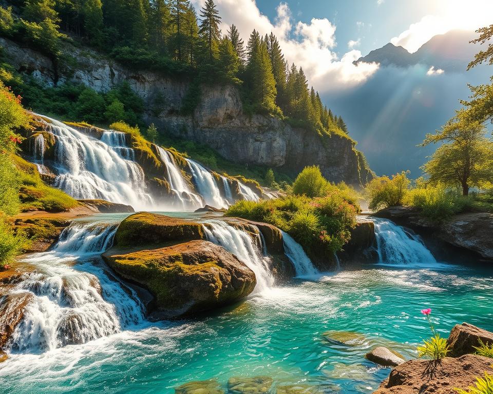 A breathtaking view of the Kuhflucht Waterfalls, nestled in the German Alps. In the foreground, clear turquoise water cascades dramatically over moss-covered rocks, creating a mist that catches the sunlight. Surrounding the falls, lush greenery and wildflowers bloom vibrantly, adding splashes of color. In the middle ground, the waterfalls drop from steep cliffs, showcasing multiple tiers and sparkling water droplets. The background features majestic mountain peaks shrouded in soft clouds, enhancing the sense of tranquility and natural beauty. The scene is illuminated by warm, golden sunlight filtering through the trees, creating a serene and inviting atmosphere. Capture this image with a wide-angle lens from a slightly elevated perspective, emphasizing the grandeur of the landscape while highlighting the enchanting features of the waterfalls.
