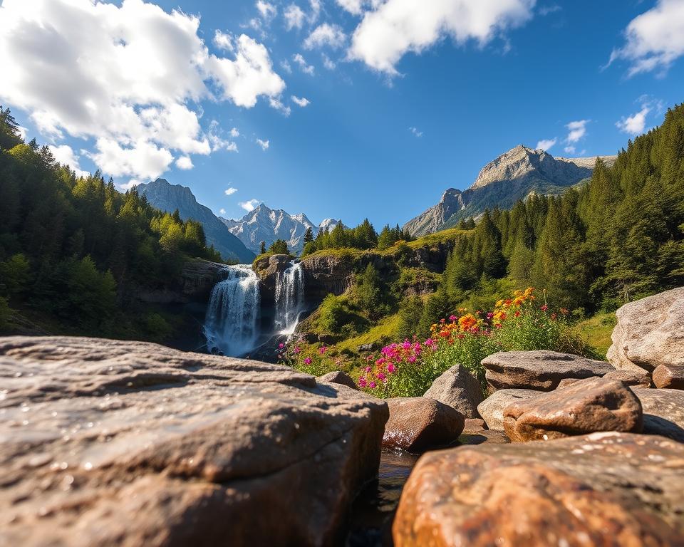 A breathtaking view of the Kuhfluchtwasserfälle, showcasing cascading waterfalls surrounded by lush green forests. In the foreground, smooth rocks glisten with water droplets, inviting a sense of tranquility. The middle ground features the waterfalls tumbling down rocky cliffs, surrounded by vibrantly colored wildflowers. In the background, majestic mountains rise under a clear blue sky with soft, fluffy clouds. The lighting is soft and warm, evoking a serene atmosphere, reminiscent of a sunny afternoon. The perspective is slightly elevated, capturing the grandeur of the waterfalls and their natural surroundings. The overall mood conveys peace and relaxation, ideal for visitors seeking a tranquil experience in nature.
