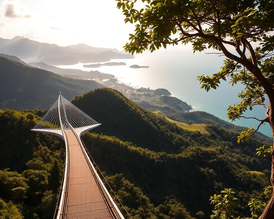 A breathtaking view of the Langkawi Sky Bridge, suspended gracefully above lush green hills and surrounded by a canopy of tropical trees. In the foreground, the sleek, curved bridge invites the viewer with its modern design, crafted from steel and glass, showcasing its intricate structure. The middle ground features a diverse landscape with rolling hills and patches of dense jungle, while the background reveals the stunning panorama of the Andaman Sea glistening under the bright sun. The lighting is warm and inviting, suggesting a serene midday atmosphere, with soft shadows cast by the bridge and the surrounding foliage. This scene captures the essence of adventure and tranquility, perfect for nature lovers and travel enthusiasts, inviting them to explore the wonders of Langkawi Island.