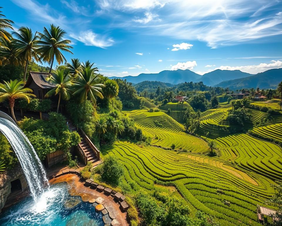 A breathtaking view of the Lemukih Water Slide nestled in the lush tropical landscape of Sekumpul, Bali. In the foreground, the water slide glistens under the warm sunlight, with clear, cascading water spiraling down into a crystal-blue pool surrounded by vibrant green foliage. In the middle ground, local rice fields stretch out in neat, terraced rows, their rich green contrasting beautifully with the bright blues of the water. The background features towering palm trees and distant mountains framed by a clear blue sky, dotted with wispy clouds. The warm, inviting atmosphere evokes a sense of adventure and tranquility. The scene is captured from a slightly elevated angle to showcase the beautiful contrasts and natural textures, making it an ideal visual representation of this stunning location.
