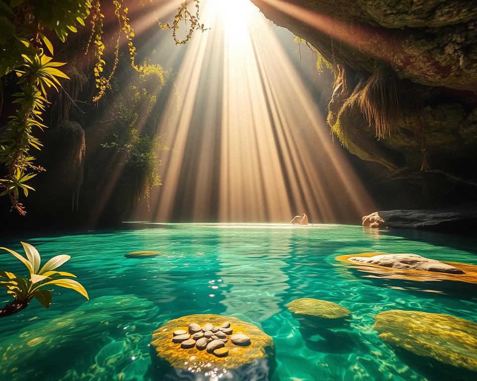 A breathtaking view of the Lichtkegel Cenote in Yucatan, showcasing a captivating interplay of light and water. In the foreground, sparkling clear water reflects the shafts of sunlight piercing through the open cenote ceiling. Lush, verdant vegetation frames the edges, with tropical plants and vines cascading down into the water. The middle ground highlights the soft, glistening surfaces of the cenote pool, with smooth rocks and vibrant aquatic life subtly visible. In the background, towering limestone cliffs rise, shrouded in mist for a mystical ambiance. Use warm, golden sunlight to create a tranquil atmosphere, capturing the serene beauty of this hidden gem. The angle should be slightly elevated to afford a comprehensive view of the cenote, with a focus on the stunning light effect.