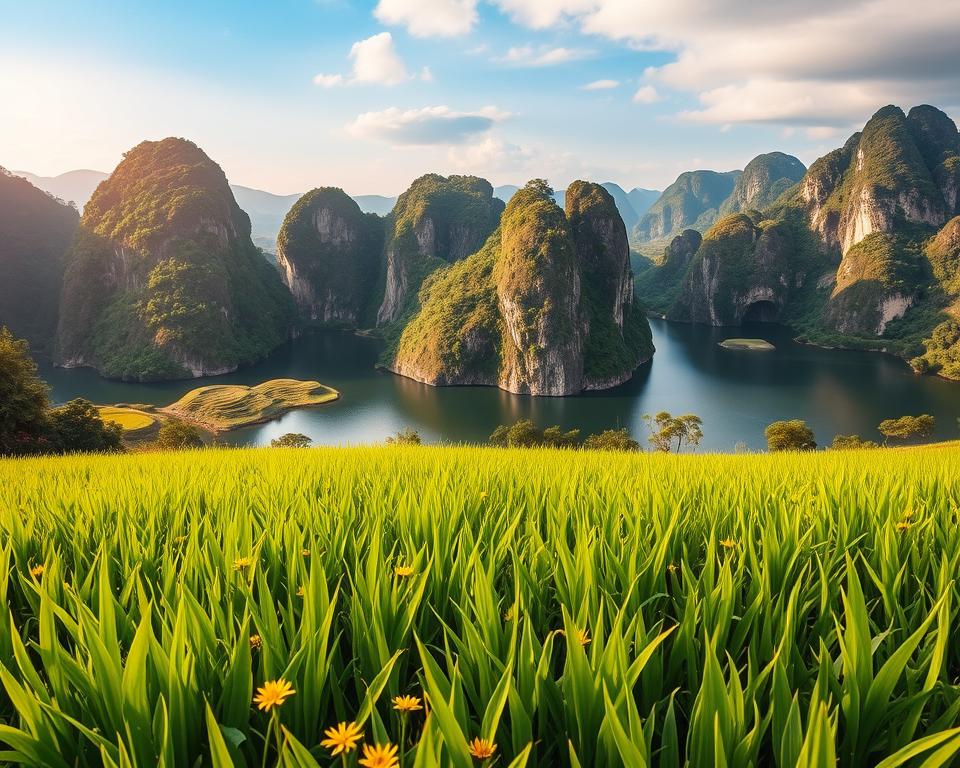 A breathtaking view of the Mua Caves in Ninh Binh, Vietnam. In the foreground, lush green rice paddies glisten under soft sunlight, dotted with vibrant yellow flowers. In the middle ground, the limestone karsts rise dramatically, their rugged surfaces partially covered in dense greenery. The caves themselves are partially hidden, showcasing their intricate formations. The background features a wide, tranquil river reflecting the deep blue sky, framed by distant hills. The atmosphere is serene yet awe-inspiring, with a warm golden light illuminating the scene, reminiscent of a late afternoon. Shot from a low angle to emphasize the towering limestone formations, capturing the essence of Vietnam’s natural beauty and the mysterious allure of the caves.