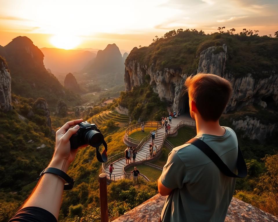 A breathtaking view of the Mua Caves in Vietnam during the golden hour, capturing the dramatic limestone formations and lush greenery surrounding them. In the foreground, a photographer in modest casual clothing holds a camera, poised to take a shot, showcasing the art of travel photography. The middle ground features winding pathways leading up to the cave entrance, with tourists marveling at the scenery, emphasizing the scale of the landscape. In the background, a vivid sunset casts warm golden hues over the rock formations and rice terraces, creating a serene and inviting atmosphere. The lighting is soft yet vibrant, accentuating the contours of the caves while highlighting the depth of the scenery. The overall mood is adventurous and inspirational, perfect for photography enthusiasts.