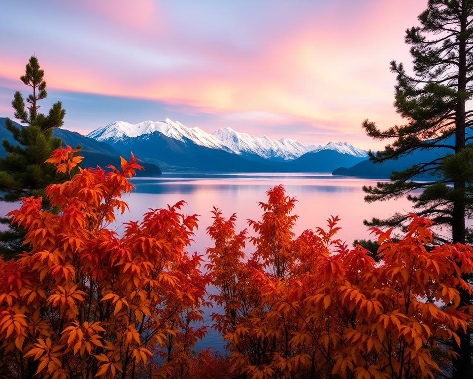 A breathtaking view of the Nahuel Huapi Lake in Bariloche, Argentina, showcasing vibrant autumn foliage in the foreground with orange and yellow leaves contrasting against the serene blue water. In the middle ground, the calm lake reflects the majestic snow-capped Andes mountains, their peaks glowing softly in the golden light of a late afternoon sun. The sky is painted with hues of pink and purple as the sun sets, creating a tranquil, almost magical atmosphere. A few pine trees frame the image on either side, adding depth. The composition is captured from a low angle to emphasize the expansive beauty of the landscape, evoking feelings of peace and wonder. Aim for a detailed and realistic style that immerses the viewer in this scenic marvel. A breathtaking view of the Nahuel Huapi Lake in Bariloche, Argentina, showcasing vibrant autumn foliage in the foreground with orange and yellow leaves contrasting against the serene blue water. In the middle ground, the calm lake reflects the majestic snow-capped Andes mountains, their peaks glowing softly in the golden light of a late afternoon sun. The sky is painted with hues of pink and purple as the sun sets, creating a tranquil, almost magical atmosphere. A few pine trees frame the image on either side, adding depth. The composition is captured from a low angle to emphasize the expansive beauty of the landscape, evoking feelings of peace and wonder. Aim for a detailed and realistic style that immerses the viewer in this scenic marvel.