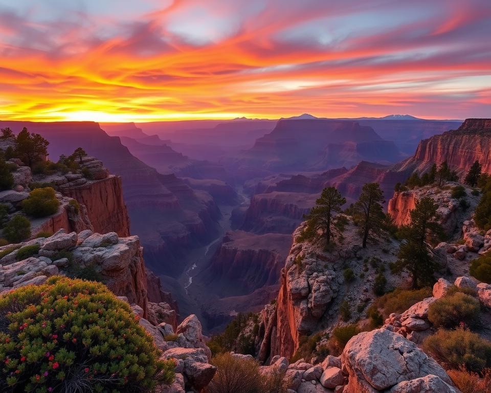 A breathtaking view of the North Rim of the Grand Canyon at sunrise, showcasing vibrant hues of orange, pink, and purple lighting the sky. In the foreground, rugged rock formations jut out, covered with patches of green shrubs and wildflowers, suggesting a sense of untamed wilderness. In the middle ground, the canyon's steep cliffs drop dramatically, revealing intricate layering of earth tones that tell a geological story. Pine trees are scattered along the edges, enhancing the feeling of serenity and isolation. In the background, distant mountains are bathed in soft morning light, framed by wispy clouds. The scene should radiate tranquility and the untouched beauty of nature, captured with a wide-angle lens from a slightly elevated vantage point, creating a sense of depth and grandeur.