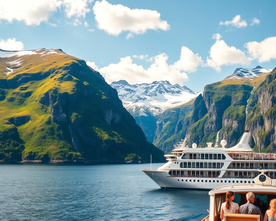 A breathtaking view of the Norwegian fjords during the ideal cruise season, emphasizing lush green hillsides cascading down to crystal clear blue waters. In the foreground, a luxurious cruise ship gently glides through the calm sea, with passengers enjoying the scenery while dressed in light, casual clothing. The middle ground features towering cliffs adorned with patches of snow and cascading waterfalls, catching the sunlight. In the background, majestic snow-capped mountains rise under a bright blue sky, dotted with fluffy white clouds, suggesting a serene and inviting atmosphere. The lighting is warm and golden, typical of late spring to early summer, casting soft shadows and enhancing the vibrant colors of the landscape, evoking a sense of adventure and tranquility. The composition is shot from a slightly elevated angle, capturing both the grandeur of the fjords and the elegance of the cruise experience. A breathtaking view of the Norwegian fjords during the ideal cruise season, emphasizing lush green hillsides cascading down to crystal clear blue waters. In the foreground, a luxurious cruise ship gently glides through the calm sea, with passengers enjoying the scenery while dressed in light, casual clothing. The middle ground features towering cliffs adorned with patches of snow and cascading waterfalls, catching the sunlight. In the background, majestic snow-capped mountains rise under a bright blue sky, dotted with fluffy white clouds, suggesting a serene and inviting atmosphere. The lighting is warm and golden, typical of late spring to early summer, casting soft shadows and enhancing the vibrant colors of the landscape, evoking a sense of adventure and tranquility. The composition is shot from a slightly elevated angle, capturing both the grandeur of the fjords and the elegance of the cruise experience.