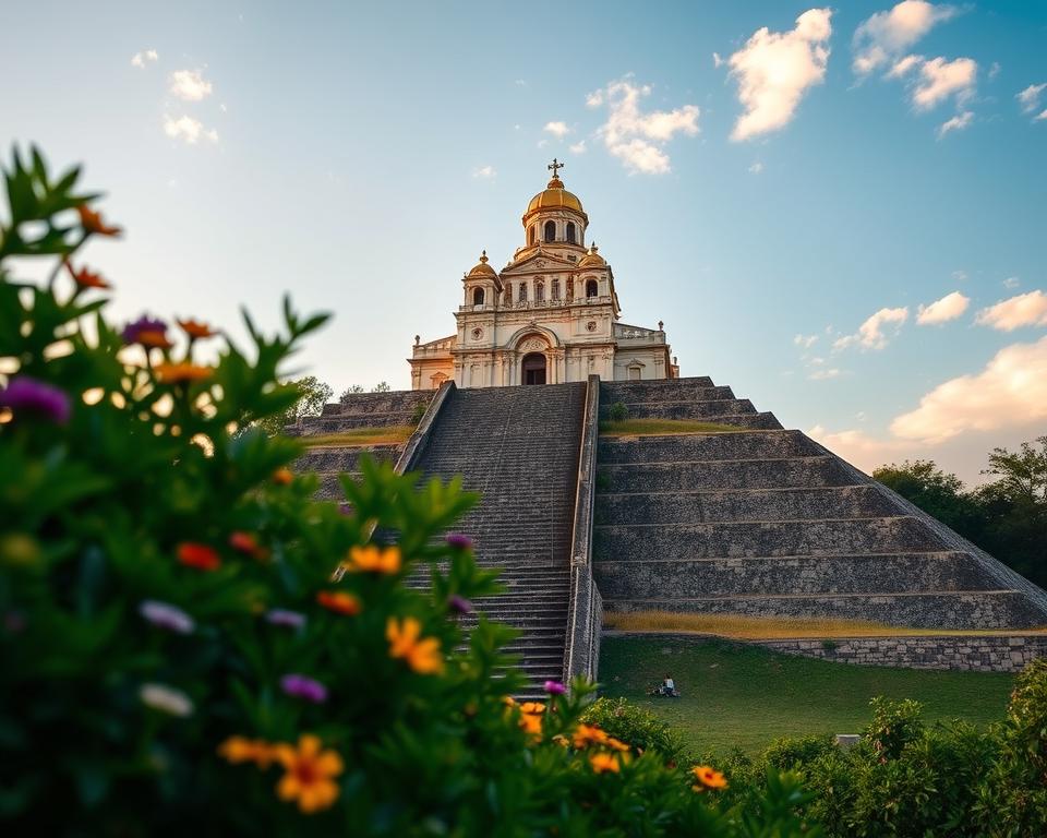 A breathtaking view of the Nuestra Señora de los Remedios church perched on top of the Cholula Pyramid, showcasing its striking baroque architecture with vibrant white and gold facades adorned with intricate details. In the foreground, lush green vegetation and colorful wildflowers frame the church, enhancing its prominence. The middle ground features the pyramid’s steps leading up to the church, inviting viewers on a journey of discovery. In the background, a clear blue sky dotted with soft white clouds creates a serene atmosphere. The image is captured at sunset, casting warm golden light on the church, evoking a sense of peace and reverence. The composition is shot from a slightly elevated angle, providing a broad perspective of both the pyramid and the church, inspiring awe in its historic significance.
