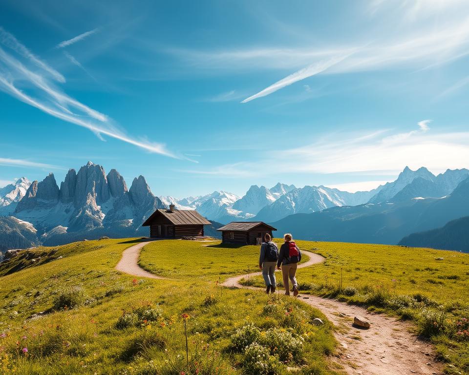 A breathtaking view of the Olpererhütte in the Tyrolean Alps. In the foreground, a well-marked hiking trail winds through lush, green meadows dotted with colorful wildflowers. In the middle ground, the rustic Olpererhütte cabin, made of weathered wood, is nestled against towering rocky peaks, with hikers in modest casual clothing strolling towards it, enjoying the scenery. The background showcases majestic snow-capped mountains under a clear blue sky, with wispy white clouds gently floating by. The light is warm and inviting, suggesting a late afternoon sun casting soft shadows. The atmosphere is serene, embodying the beauty and adventure of hiking in the Alps.