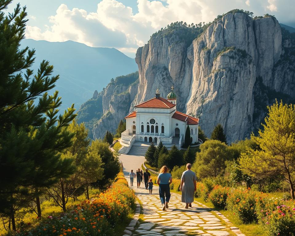 A breathtaking view of the Ostrog Monastery, nestled against a towering cliff in Montenegro. In the foreground, showcase a serene path leading up to the monastery, lined with lush green trees and vibrant wildflowers, inviting visitors to explore. The middle ground features the majestic monastery, its white stone façade gleaming under soft, golden sunlight, with a few visitors dressed in modest casual clothing appreciating the scenery. In the background, capture the stunning mountain landscape, with hints of blue sky peeking through fluffy white clouds, creating a peaceful and spiritual atmosphere. Use a wide-angle perspective to emphasize the scale of the monastery against the dramatic cliffs, with a warm and inviting mood, ideal for a travel article section about personal experiences and visitor reports. A breathtaking view of the Ostrog Monastery, nestled against a towering cliff in Montenegro. In the foreground, showcase a serene path leading up to the monastery, lined with lush green trees and vibrant wildflowers, inviting visitors to explore. The middle ground features the majestic monastery, its white stone façade gleaming under soft, golden sunlight, with a few visitors dressed in modest casual clothing appreciating the scenery. In the background, capture the stunning mountain landscape, with hints of blue sky peeking through fluffy white clouds, creating a peaceful and spiritual atmosphere. Use a wide-angle perspective to emphasize the scale of the monastery against the dramatic cliffs, with a warm and inviting mood, ideal for a travel article section about personal experiences and visitor reports.