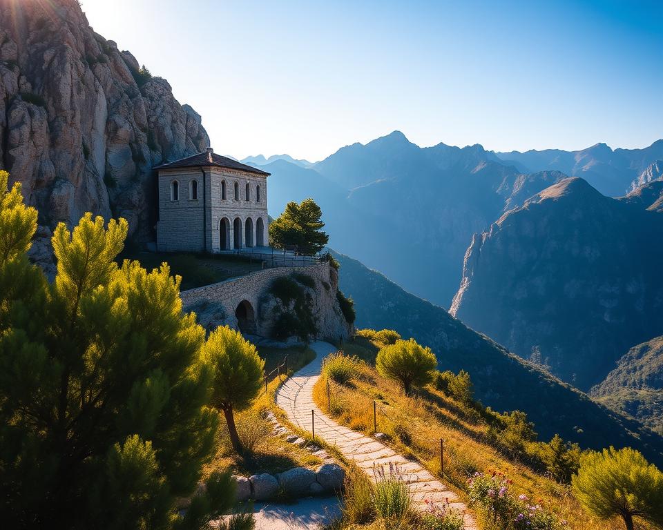 A breathtaking view of the Ostrog Monastery perched dramatically on a rocky cliff in Montenegro. In the foreground, lush green trees and rocky terrain lead the viewer's eye towards the monastery, which has stunning stone architecture with arched windows and a white façade glistening under soft golden sunlight. The middle ground features a winding path that symbolizes the journey to reach the monastery, flanked by wildflowers and gentle slopes. In the background, majestic mountains rise up against a clear blue sky, casting a serene and tranquil atmosphere over the scene. The lighting is warm and inviting, capturing the essence of a peaceful pilgrimage, and the angle of the image is slightly elevated to highlight both the monastery's grandeur and the stunning landscape surrounding it. A breathtaking view of the Ostrog Monastery perched dramatically on a rocky cliff in Montenegro. In the foreground, lush green trees and rocky terrain lead the viewer's eye towards the monastery, which has stunning stone architecture with arched windows and a white façade glistening under soft golden sunlight. The middle ground features a winding path that symbolizes the journey to reach the monastery, flanked by wildflowers and gentle slopes. In the background, majestic mountains rise up against a clear blue sky, casting a serene and tranquil atmosphere over the scene. The lighting is warm and inviting, capturing the essence of a peaceful pilgrimage, and the angle of the image is slightly elevated to highlight both the monastery's grandeur and the stunning landscape surrounding it.
