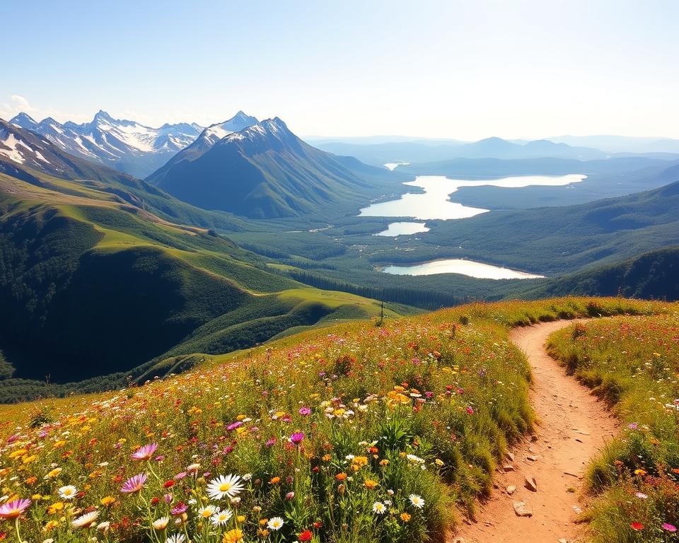 A breathtaking view of the Pico Europa National Park in Spain, showcasing its most stunning landmarks. In the foreground, a vibrant field of wildflowers in varied colors, with a clear trail winding through, inviting exploration. The middle ground features majestic mountain peaks capped with snow, contrasting with lush green valleys below. In the background, a serene lake reflects the sky, surrounded by dense forests, enhancing the natural beauty of the landscape. The scene is bathed in warm, golden sunlight, creating a sense of tranquility and wonder. The angle is slightly elevated, providing a panoramic perspective that captures the grandeur of the national park. The overall mood is serene and inspiring, perfect for showcasing nature's wonders.