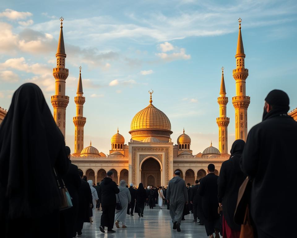 A breathtaking view of the Prophetenmoschee in Medina, showcasing its majestic architecture and serene surroundings. In the foreground, elegantly dressed pilgrims in modest clothing walk with reverence, some holding prayer beads, symbolizing their spiritual journey. The middle section features the mosque's iconic dome and intricate minarets, bathed in the warm glow of golden hour lighting, creating a tranquil and welcoming atmosphere. The background reveals a clear blue sky with gentle clouds, enhancing the sense of peace and spirituality. The scene is captured from a slightly elevated angle to emphasize the grandeur of the mosque and the sincere devotion of the worshippers, evoking a profound sense of pilgrimage and reflection. A breathtaking view of the Prophetenmoschee in Medina, showcasing its majestic architecture and serene surroundings. In the foreground, elegantly dressed pilgrims in modest clothing walk with reverence, some holding prayer beads, symbolizing their spiritual journey. The middle section features the mosque's iconic dome and intricate minarets, bathed in the warm glow of golden hour lighting, creating a tranquil and welcoming atmosphere. The background reveals a clear blue sky with gentle clouds, enhancing the sense of peace and spirituality. The scene is captured from a slightly elevated angle to emphasize the grandeur of the mosque and the sincere devotion of the worshippers, evoking a profound sense of pilgrimage and reflection.