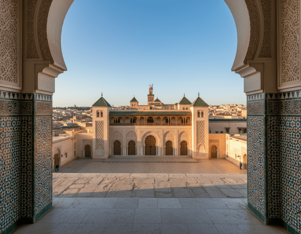 A breathtaking view of the Qarawiyyin University in Fes, Morocco, showcasing its intricate architecture. In the foreground, capture detailed arches and decorative tile work, representing traditional Moroccan craftsmanship. The middle ground features the majestic façade of the university, with ornate details and carved woodwork under a bright blue sky. In the background, the ancient medina of Fes, bathed in warm golden light, creates a stunning contrast against the striking blue tones of the buildings. The scene should evoke a sense of tranquility and reverence, with soft shadows enhancing the textural richness of the surfaces. The angle should be slightly elevated, offering a comprehensive view that highlights both the grandeur of the architecture and the vibrant atmosphere of the surrounding area.