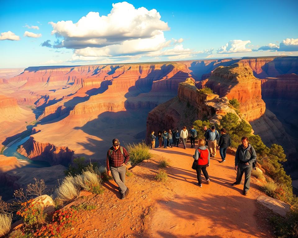 A breathtaking view of the Rim Trail at the Grand Canyon, showcasing a wide panoramic pathway suitable for hikers of all fitness levels. In the foreground, a well-maintained dirt trail meanders gently, bordered by native wildflowers and shrubs. In the middle ground, a group of diverse hikers, dressed in modest casual clothing, enjoys the stunning vistas while taking in the beauty of the landscape. The background features towering, rugged cliffs of red and orange rock formations that drop dramatically into the canyon below, with the Colorado River winding through the depths. Bathed in soft, warm sunlight during the golden hour, the scene evokes a sense of adventure and tranquility, with clear blue skies and fluffy white clouds adding depth to the serene atmosphere. The composition captures a captivating blend of natural beauty and the joy of outdoor exploration.
