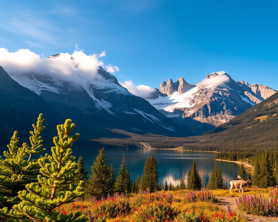A breathtaking view of the Rocky Mountains in Canada, showcasing majestic peaks capped with snow under a clear blue sky. In the foreground, vibrant green pines and wildflowers in full bloom create a rich tapestry of colors. The middle ground features a serene lake reflecting the surrounding mountains, with a hint of wildlife such as deer grazing nearby. In the background, towering rock formations rise dramatically, enveloped in soft, misty clouds. The scene is illuminated by the warm golden light of a late afternoon sun, casting gentle shadows and enhancing the textures of the landscape. The mood is tranquil and awe-inspiring, encapsulating the wild beauty of Canada's national parks.