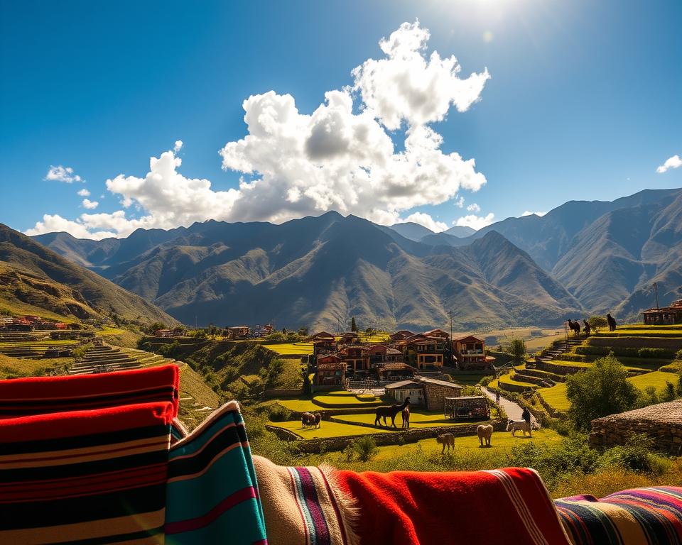 A breathtaking view of the Sacred Valley of Peru during the ideal travel season, showcasing vibrant greenery and the majestic Andes mountains in the background. In the foreground, traditional Peruvian textiles are artistically arranged, reflecting the local culture. A clear blue sky with soft, fluffy clouds indicates perfect weather. Mid-ground features quaint villages with terraced fields and llamas grazing peacefully. The light is warm and inviting, casting a golden glow that enhances the rich colors of the landscape. The mood is serene yet vibrant, evoking a sense of adventure and discovery. The scene captures the essence of diverse festivals celebrated in the valley, with hints of colorful decorations subtly integrated into the environment.