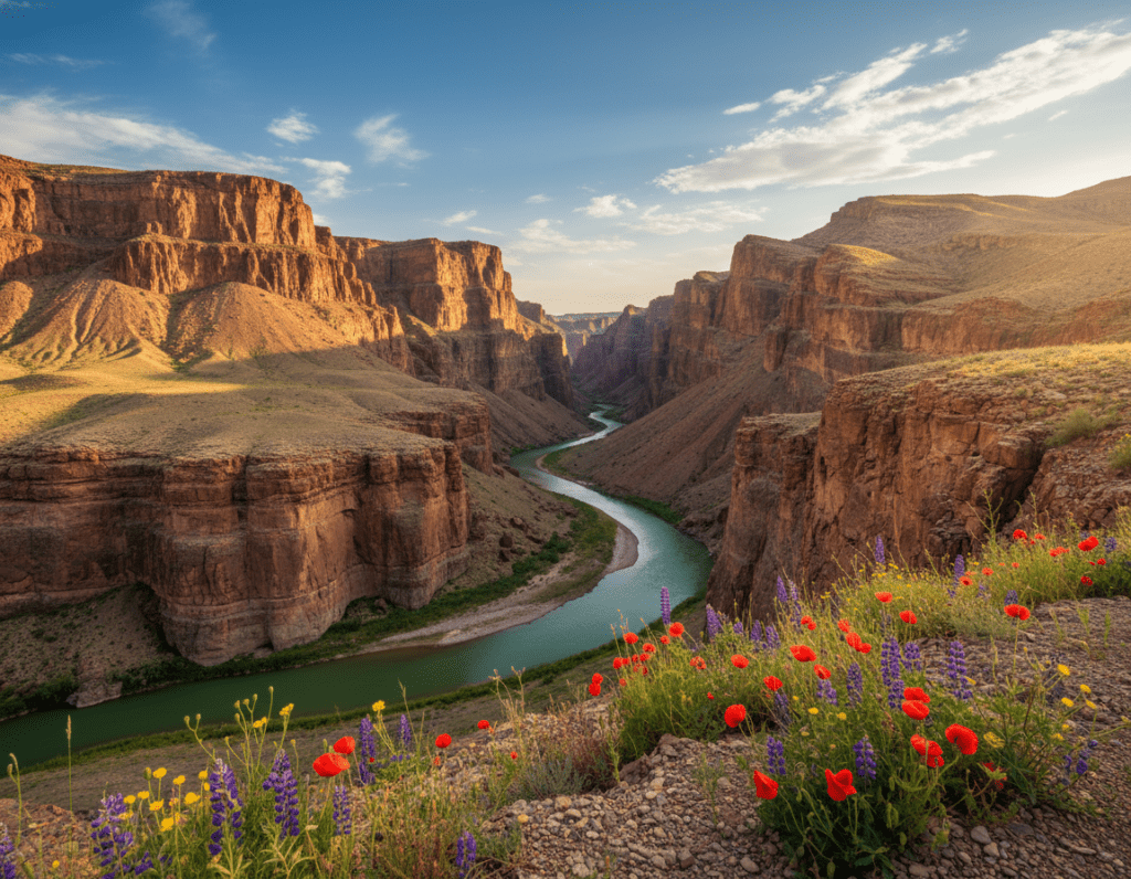 A breathtaking view of the Scharyn National Park’s gorge, showcasing a winding river flowing through a narrow, rocky landscape. In the foreground, vibrant wildflowers bloom alongside the riverbank, with smooth pebbles and gentle waves reflecting the sunlight. Midground features towering, steep cliffs adorned with rich, earthy red and orange tones, showcasing the geological layers of the gorge. The background reveals a bright, open sky, with wispy clouds casting soft shadows on the rugged terrain. The scene is filled with warm, golden sunlight illuminating the landscape, creating a peaceful and adventurous atmosphere. Capture this dynamic natural setting from a slightly elevated angle, emphasizing the depth of the gorge and the meandering river that invites exploration. A breathtaking view of the Scharyn National Park’s gorge, showcasing a winding river flowing through a narrow, rocky landscape. In the foreground, vibrant wildflowers bloom alongside the riverbank, with smooth pebbles and gentle waves reflecting the sunlight. Midground features towering, steep cliffs adorned with rich, earthy red and orange tones, showcasing the geological layers of the gorge. The background reveals a bright, open sky, with wispy clouds casting soft shadows on the rugged terrain. The scene is filled with warm, golden sunlight illuminating the landscape, creating a peaceful and adventurous atmosphere. Capture this dynamic natural setting from a slightly elevated angle, emphasizing the depth of the gorge and the meandering river that invites exploration.