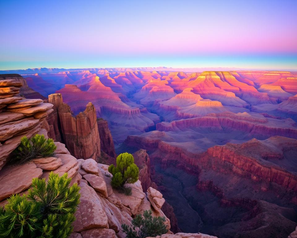 A breathtaking view of the South Rim of the Grand Canyon at sunrise. In the foreground, rich, textured layers of reddish-brown rock formations jut out over the canyon edge. A few desert shrubs add vibrant green elements to the scene. In the middle ground, the expansive canyon reveals its deep, vast majesty, featuring intricate geological patterns and cliffs illuminated by the warm, soft light of the rising sun. The background showcases layers of distant mountains, gradually fading into shades of blue and purple with a clear sky, reflecting the tranquility of this natural wonder. The mood is serene and awe-inspiring, encapsulating the beauty and grandeur of one of nature's most iconic landscapes. The image should convey a sense of depth and scale, photographed with a wide-angle lens to enhance the perspective.