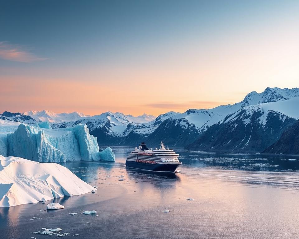 A breathtaking view of the Spitzbergen cruise route, showcasing icy fjords and towering glaciers in the foreground, with a majestic cruise ship navigating through the pristine Arctic waters. In the middle, include rugged mountains adorned with patches of snow, and a tranquil sky painted in soft blues and hues of orange as the sun sets. The background features distant, snow-covered peaks under a clear sky, enhanced by warm, ambient lighting that creates a serene atmosphere. Capture the sense of adventure and exploration, evoking the natural beauty and remote charm of the Arctic landscape. Focus on the stunning contrasts of the ice, water, and mountains, offering a visually engaging representation of typical routes and highlights of a Spitzbergen cruise. A breathtaking view of the Spitzbergen cruise route, showcasing icy fjords and towering glaciers in the foreground, with a majestic cruise ship navigating through the pristine Arctic waters. In the middle, include rugged mountains adorned with patches of snow, and a tranquil sky painted in soft blues and hues of orange as the sun sets. The background features distant, snow-covered peaks under a clear sky, enhanced by warm, ambient lighting that creates a serene atmosphere. Capture the sense of adventure and exploration, evoking the natural beauty and remote charm of the Arctic landscape. Focus on the stunning contrasts of the ice, water, and mountains, offering a visually engaging representation of typical routes and highlights of a Spitzbergen cruise.