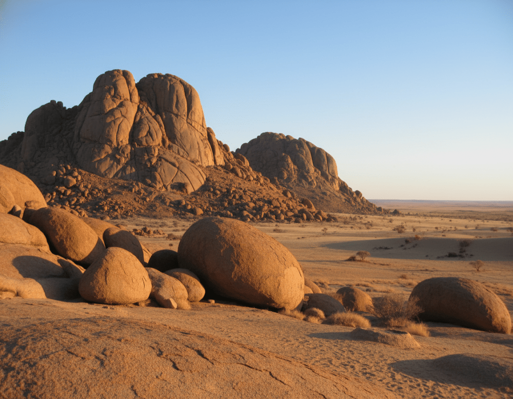 A breathtaking view of the Spitzkoppe granite peaks in Namibia, showcasing the impressive, jagged granitfelsen rising dramatically against a clear blue sky. In the foreground, smooth, reddish boulders dot the landscape, suggesting the arid desert environment. The middle ground features the iconic, towering formations of Spitzkoppe, illuminated by warm, golden sunlight, highlighting their rugged texture and unique shapes. In the background, the vast Namibian desert stretches endlessly, showcasing gently rolling hills and sparse vegetation. The scene evokes a sense of adventure and tranquility, encapsulating the beauty and grandeur of this location, with a soft focus that enhances the warm, serene atmosphere. The image should be composed to convey depth, inviting viewers into the expansive landscape, while maintaining a natural and untouched aesthetic. A breathtaking view of the Spitzkoppe granite peaks in Namibia, showcasing the impressive, jagged granitfelsen rising dramatically against a clear blue sky. In the foreground, smooth, reddish boulders dot the landscape, suggesting the arid desert environment. The middle ground features the iconic, towering formations of Spitzkoppe, illuminated by warm, golden sunlight, highlighting their rugged texture and unique shapes. In the background, the vast Namibian desert stretches endlessly, showcasing gently rolling hills and sparse vegetation. The scene evokes a sense of adventure and tranquility, encapsulating the beauty and grandeur of this location, with a soft focus that enhances the warm, serene atmosphere. The image should be composed to convey depth, inviting viewers into the expansive landscape, while maintaining a natural and untouched aesthetic.