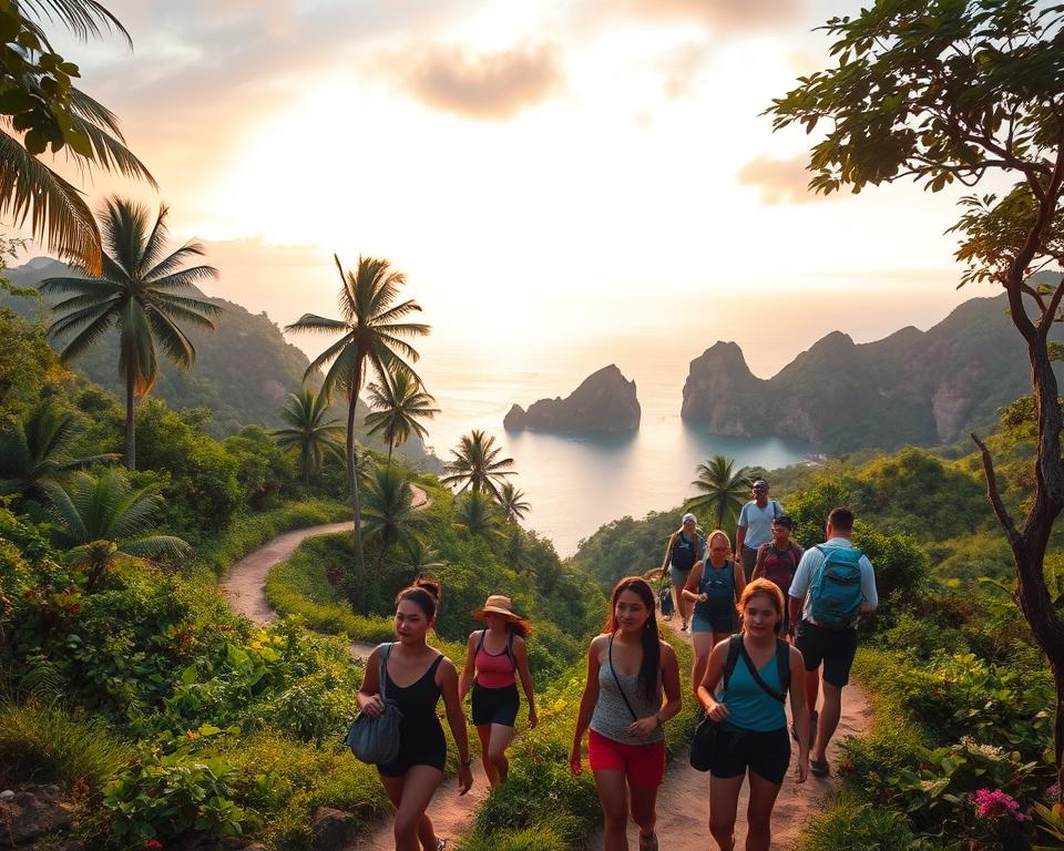 A breathtaking view of the Tayrona National Natural Park in Colombia, depicting a winding trail through lush, green rainforest with vibrant flora and fauna. In the foreground, a diverse group of hikers, dressed in modest casual clothing, traverse the path, with expressions of wonder and excitement. In the middle ground, the trail meanders past towering palm trees and rocky formations, leading to stunning glimpses of the coastline and turquoise waters in the distance. The background showcases a dramatic sunset sky, with warm golden hues blending into soft pink and purple, casting a serene glow over the landscape. The scene is brightly lit with soft, natural lighting, creating a sense of adventure and tranquility, captured from a mid-angle perspective to enhance depth and immersion.